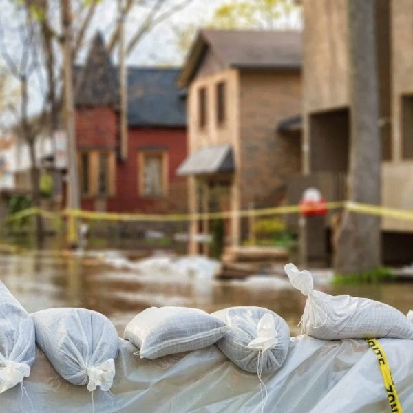Sandbags and caution tape in front of flooded homes on a residential street